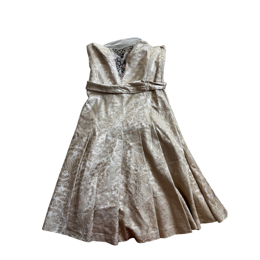 NWT Vintage Tibi Strapless Dress 2 Gold Damask Brocade Beaded Floral Cocktail